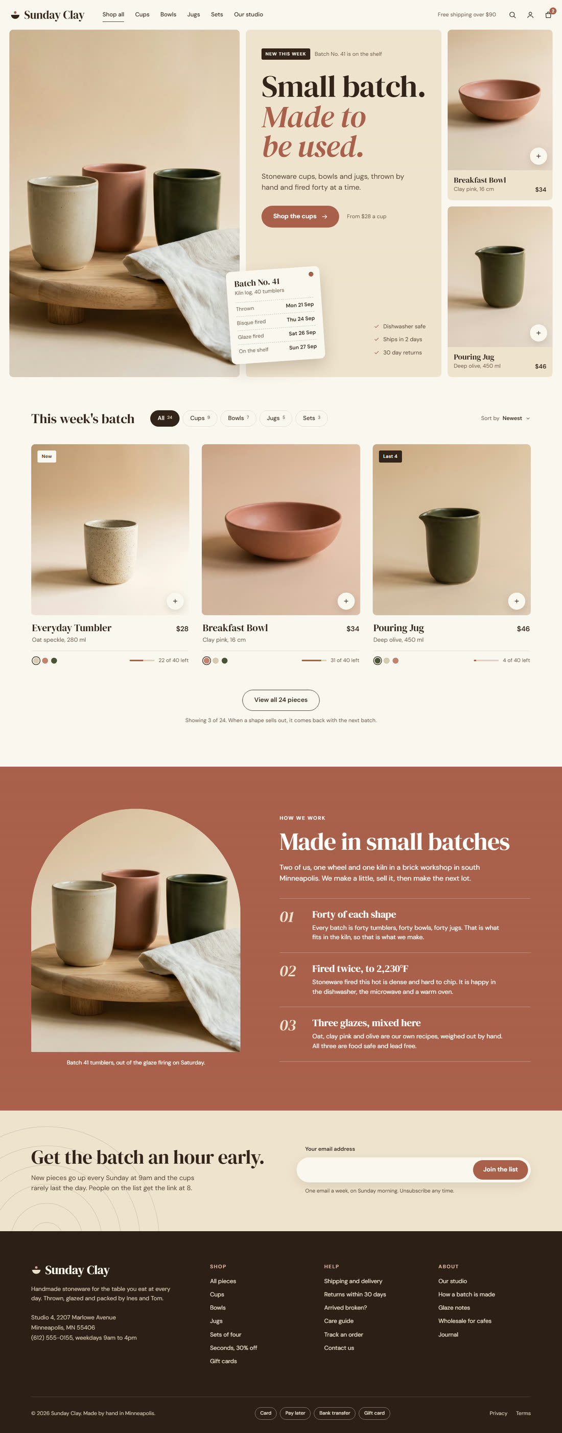The Sunday Clay online store: a product grid of handmade stoneware with prices and a shopping bag.